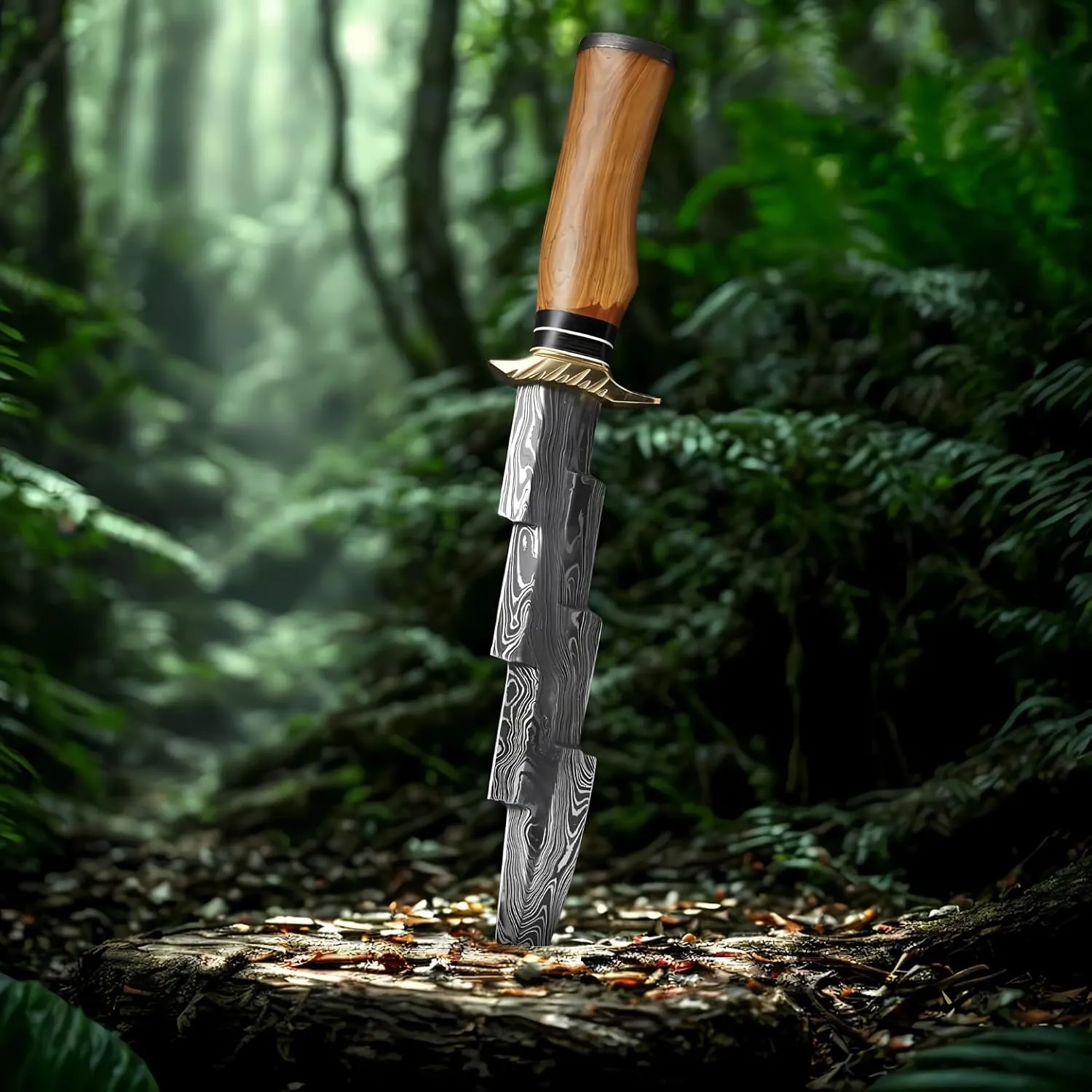 Handmade Damascus Bowie Knife with Sheath - 14” Full Tang Fixed Blade Gift for Men - Zigzag Blade Design Hunting Knife with Wood Handle for Survival, Tactical, Camping, Hiking