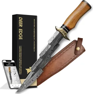 Handmade Damascus Bowie Knife with Sheath - 14” Full Tang Fixed Blade Gift for Men - Zigzag Blade Design Hunting Knife with Wood Handle for Survival, Tactical, Camping, Hiking