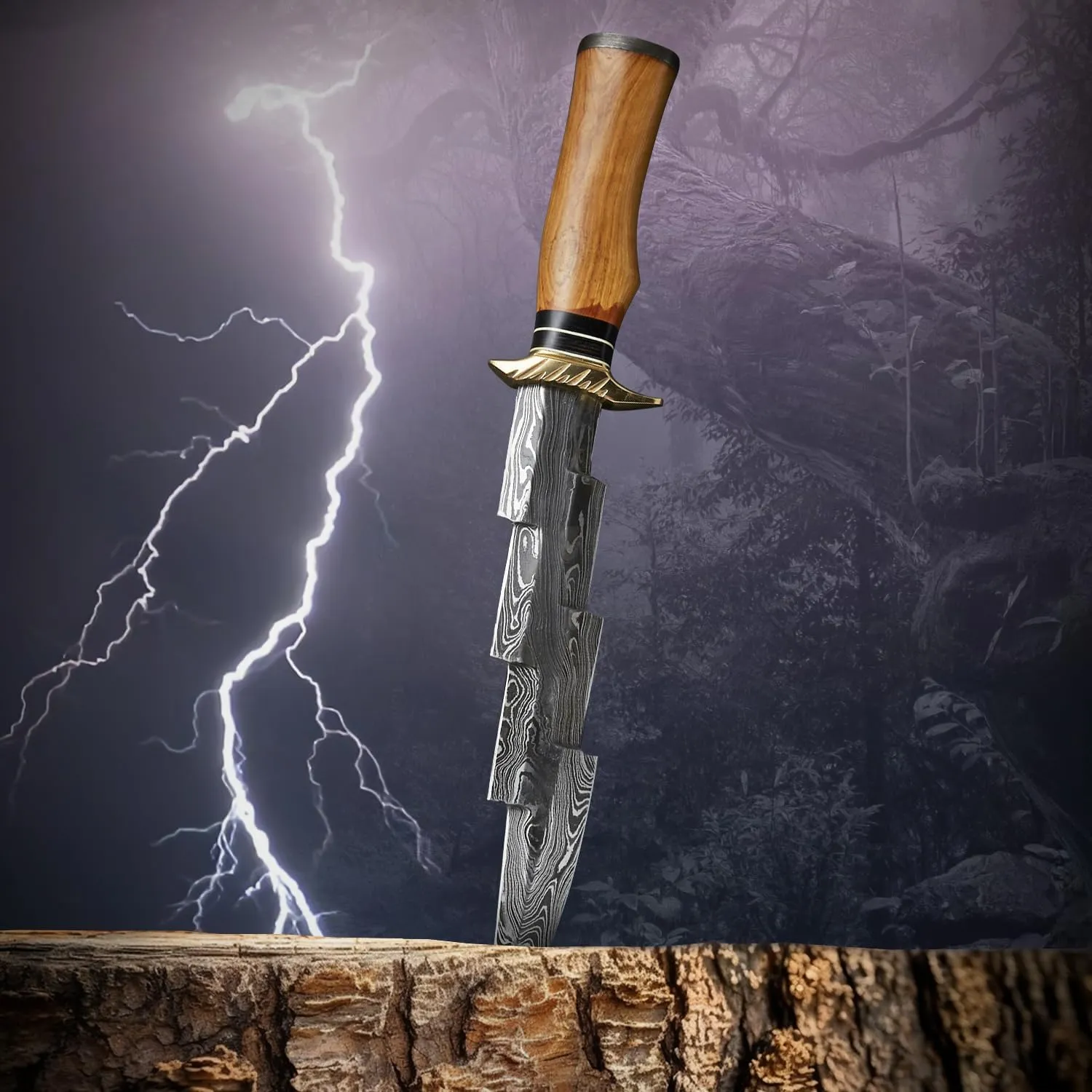 Handmade Damascus Bowie Knife with Sheath - 14” Full Tang Fixed Blade Gift for Men - Zigzag Blade Design Hunting Knife with Wood Handle for Survival, Tactical, Camping, Hiking
