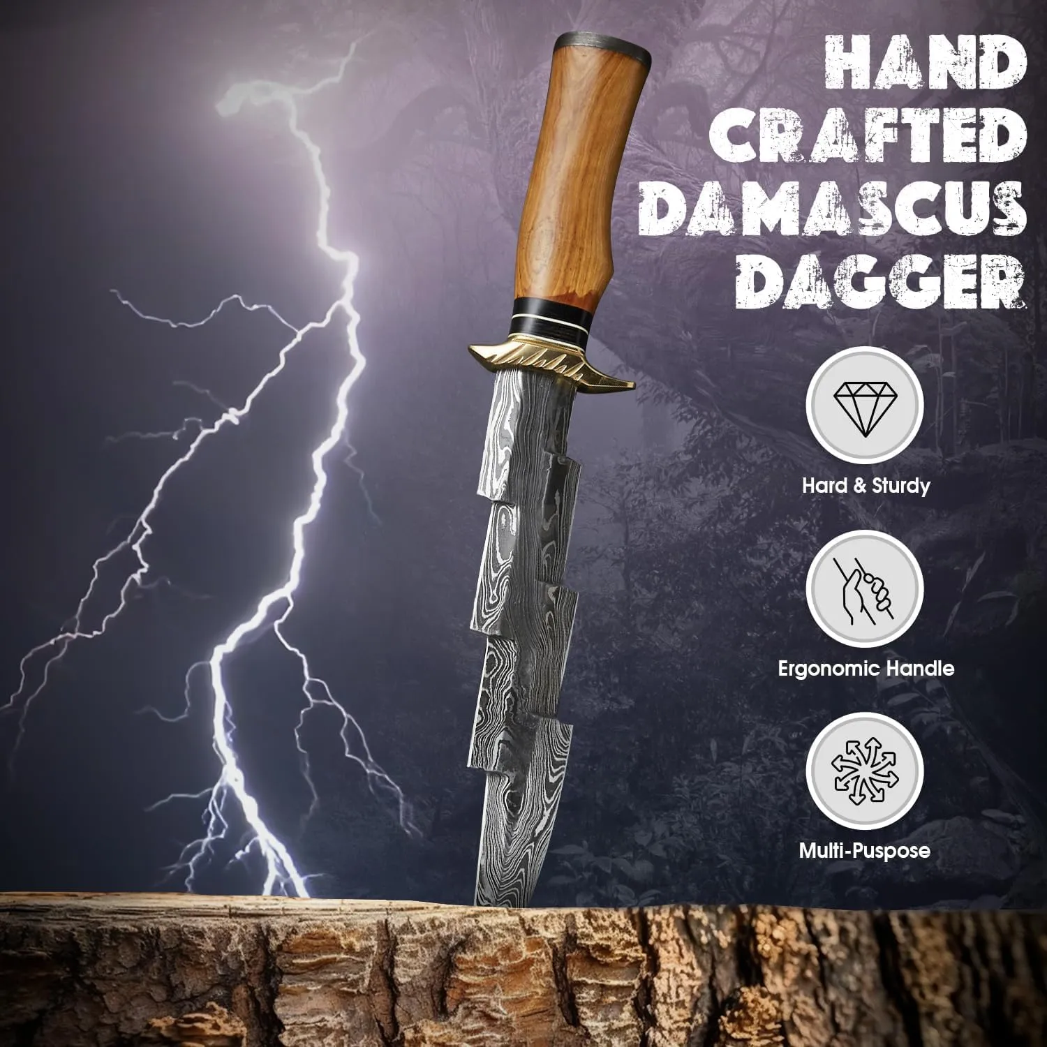 Handmade Damascus Bowie Knife with Sheath - 14” Full Tang Fixed Blade Gift for Men - Zigzag Blade Design Hunting Knife with Wood Handle for Survival, Tactical, Camping, Hiking