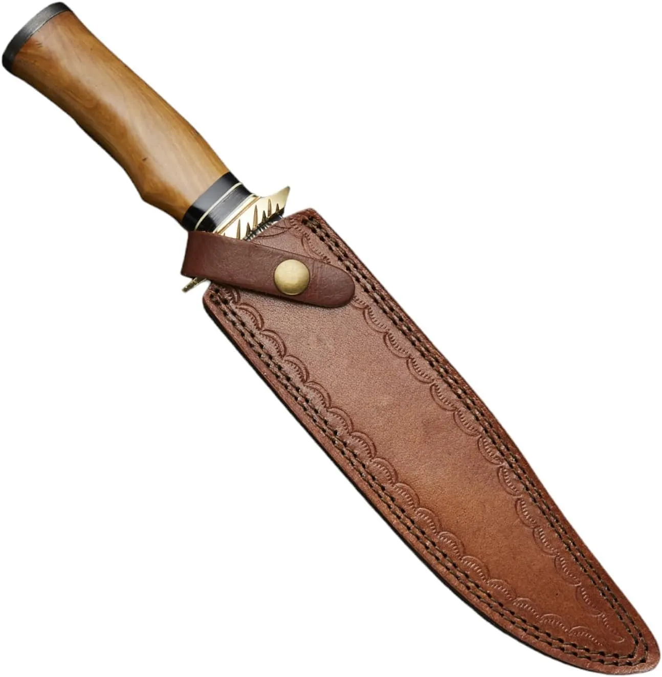 Handmade Damascus Bowie Knife with Sheath - 14” Full Tang Fixed Blade Gift for Men - Zigzag Blade Design Hunting Knife with Wood Handle for Survival, Tactical, Camping, Hiking