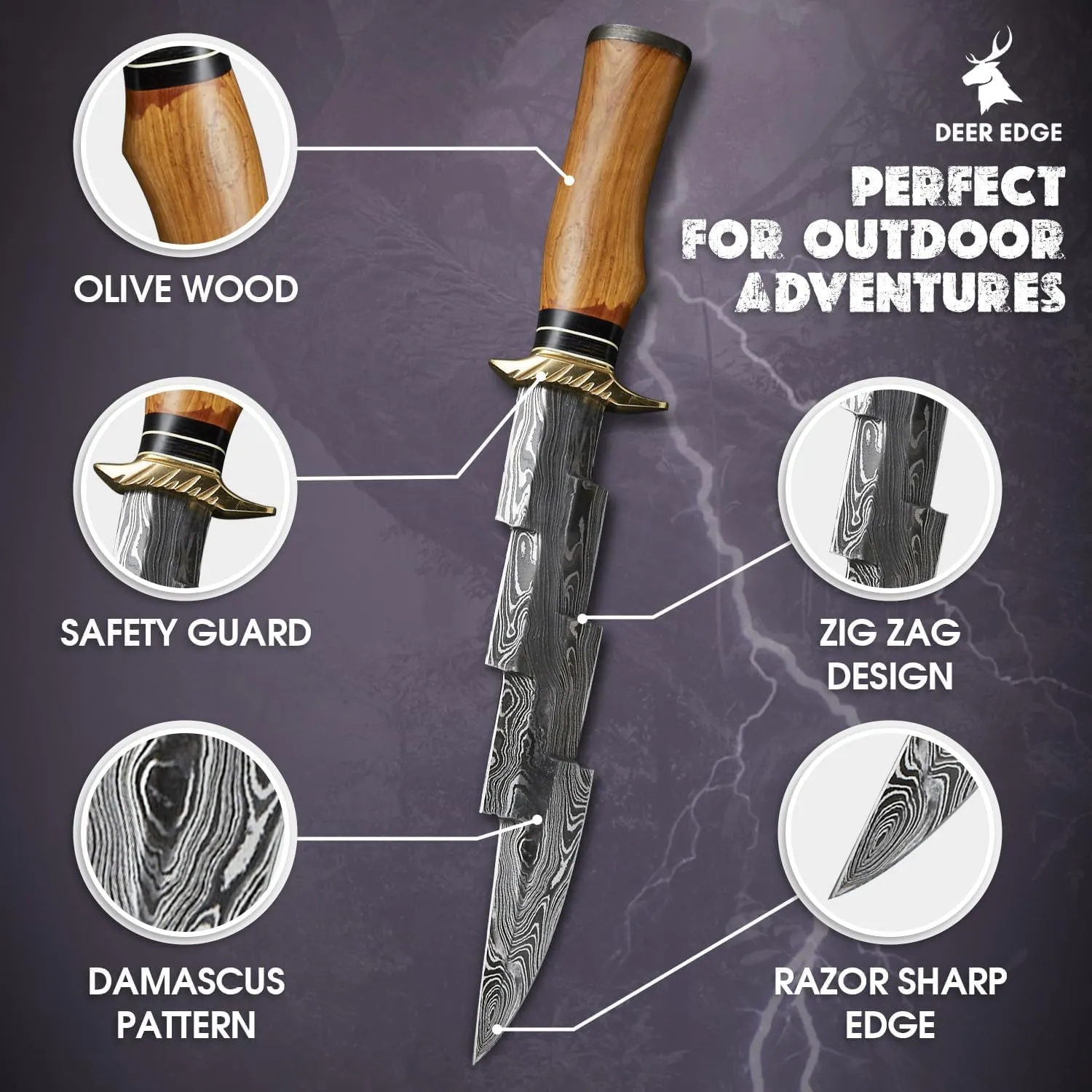Handmade Damascus Bowie Knife with Sheath - 14” Full Tang Fixed Blade Gift for Men - Zigzag Blade Design Hunting Knife with Wood Handle for Survival, Tactical, Camping, Hiking