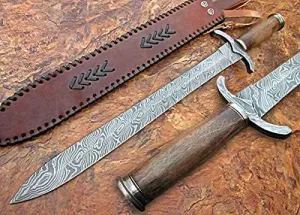 Handmade Damascus Steel 25 Inches Sword - Solid Marindi Wood Handle with Damascus Steel Guard Double Edge Sword