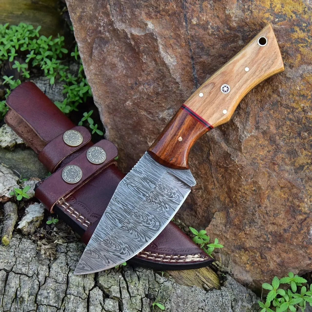 Handmade Hunting and Camping Bushcraft Knife Damascus Steel 8.5 Inches EDC Fixed Blade Knife with Leather Sheath G-002 (Wood)