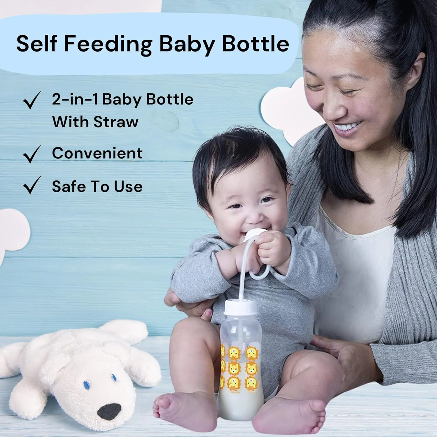 Hands-Free Baby Bottle - Anti-Colic Self Feeding 9 oz Baby Bottle Nursing System with Fast Flow Nipple/Teat 3m  Infant (2 Bottles - Lion)