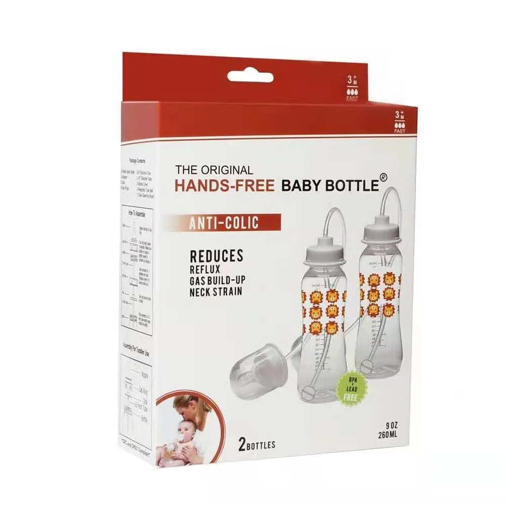 Hands-Free Baby Bottle - Anti-Colic Self Feeding 9 oz Baby Bottle Nursing System with Fast Flow Nipple/Teat 3m  Infant (2 Bottles - Lion)