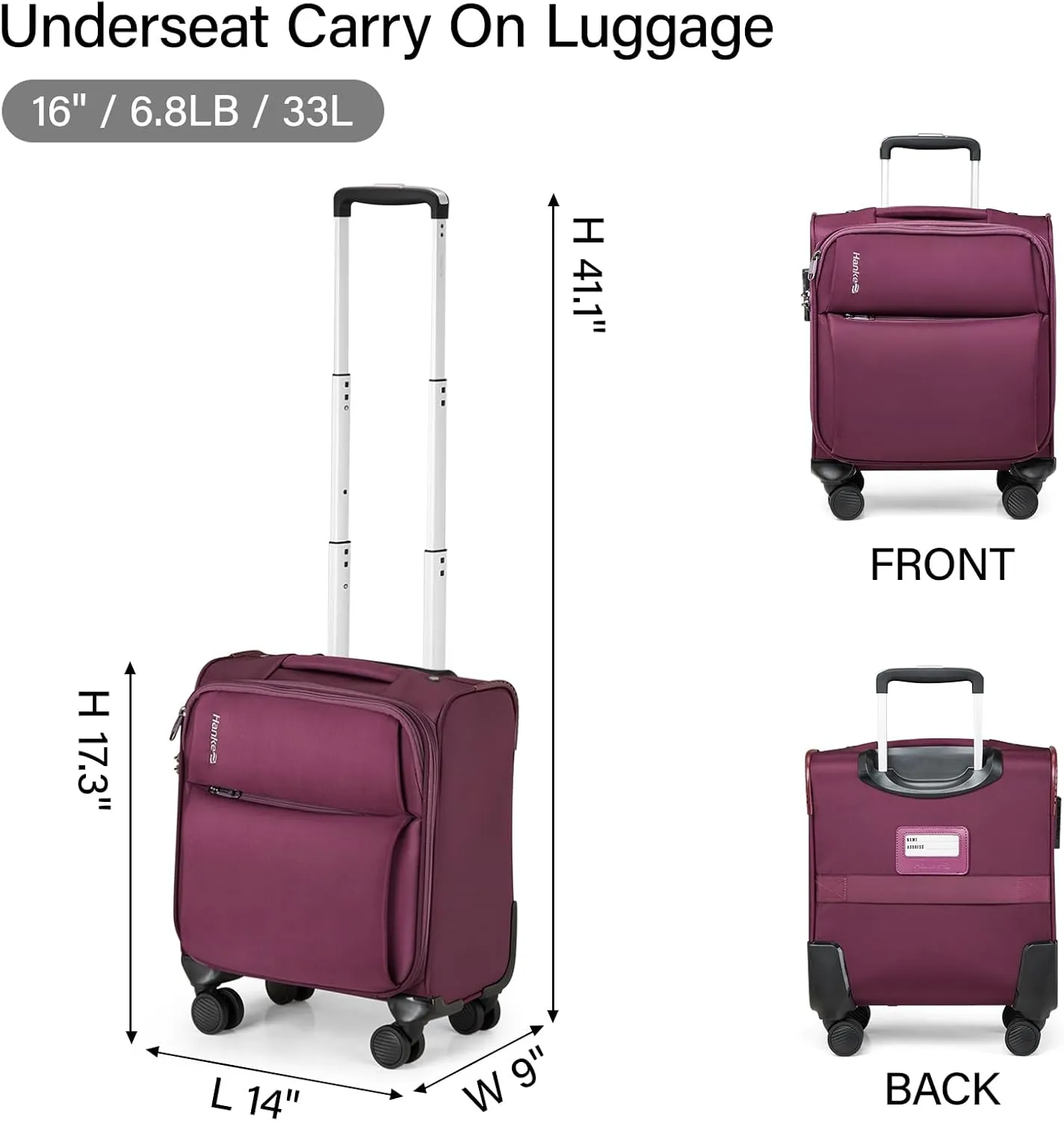Hanke 16 Inch Underseat Carry On Luggage with Spinner Wheels Airline Approved, Small Rolling Suitcase Softside Underseater Lightweight TSA Travel Roller Suitcase Carry-On Bag(Purple)