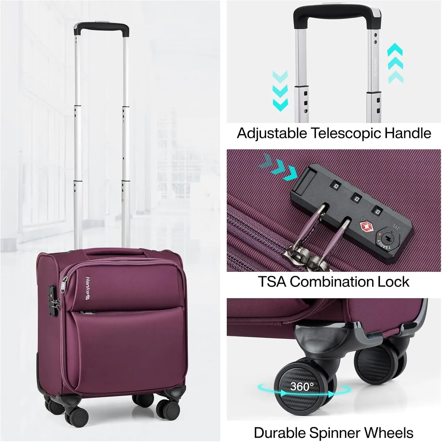 Hanke 16 Inch Underseat Carry On Luggage with Spinner Wheels Airline Approved, Small Rolling Suitcase Softside Underseater Lightweight TSA Travel Roller Suitcase Carry-On Bag(Purple)