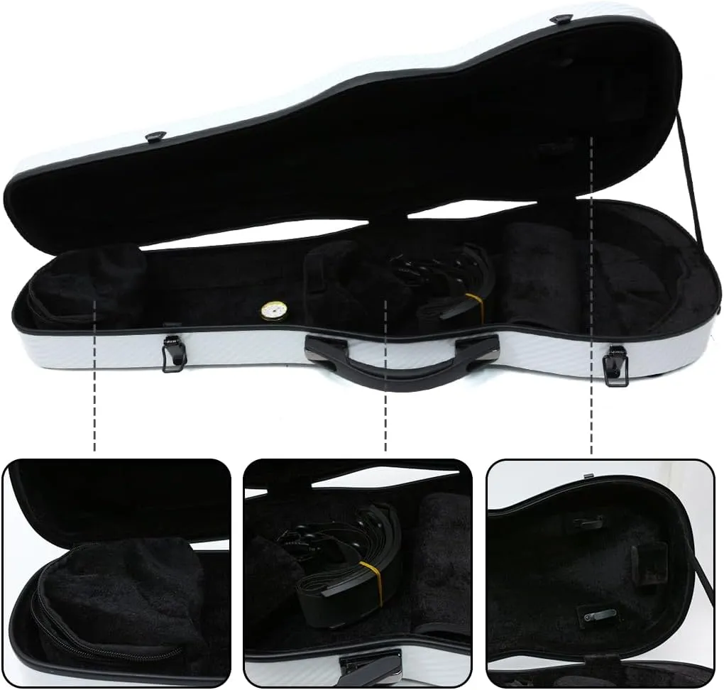 Hard Violin Case 4/4 Full Size Carbon Fiber Violin Box with reinforced carry handle Violin backpack with Back Straps (White)