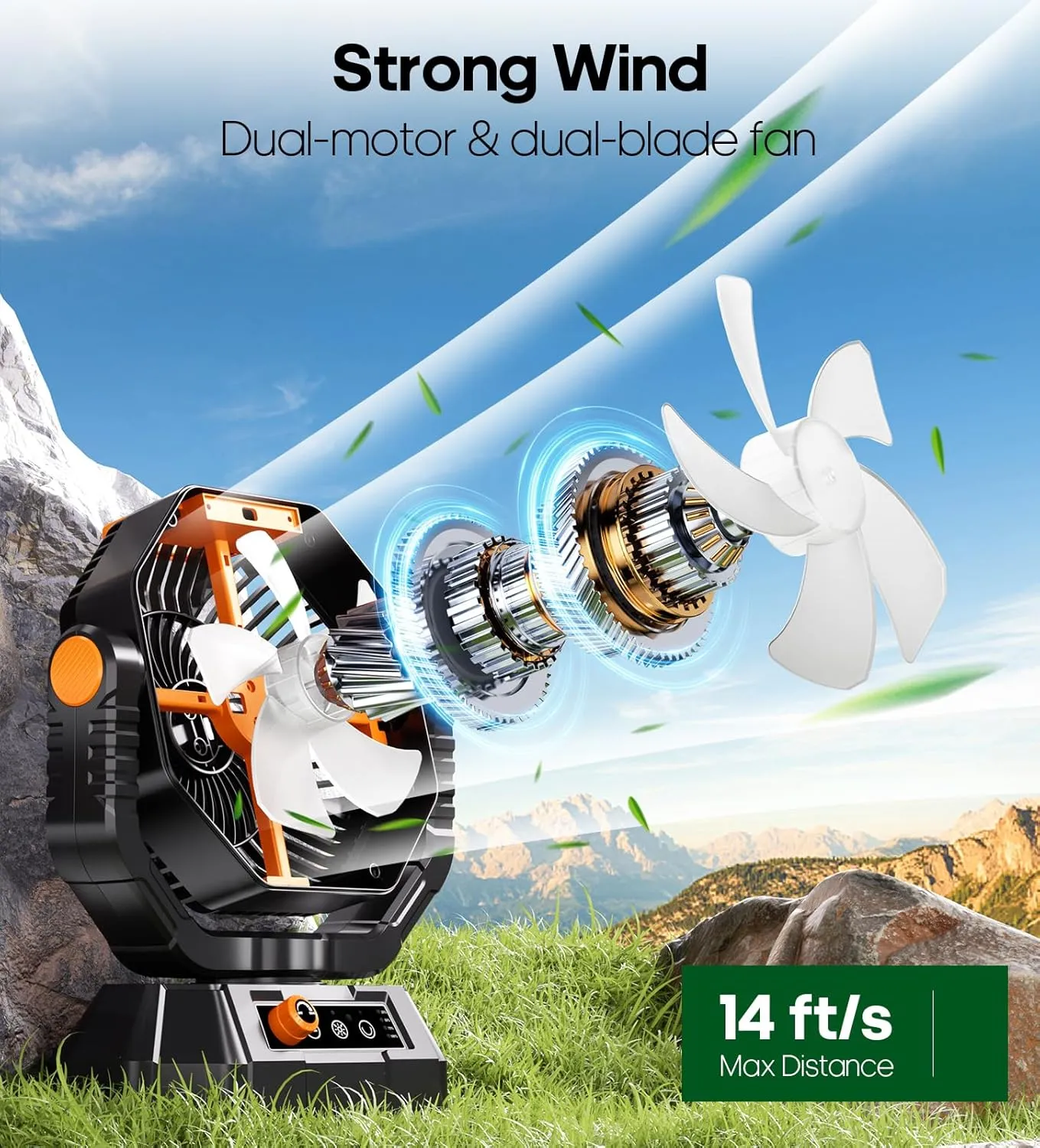 HAWANA Portable Fan Rechargeable，20000mAh Camping Fan with 360° Airflow, Battery Powered Ventilador Recargable with Stepless Wind Speeds, 3 Timing, Hanging Hook for Camping, Tents, BBQ, Fishing