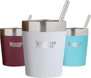 Healthy Human Stainless Steel Tumbler with Straw | Splash Proof Insulated Travel Cruiser Cup | Eco-Friendly Coffee Tumblers with Straws Cleaner & Splash Proof Lid (12oz, Pure White)