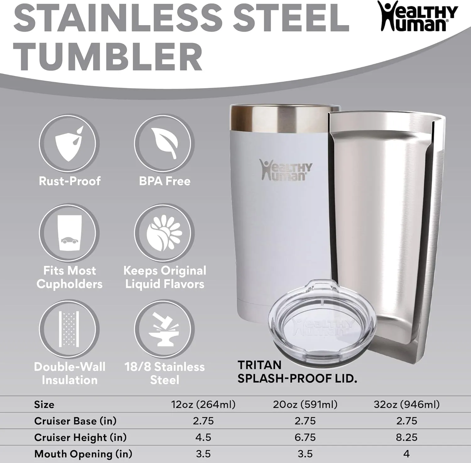 Healthy Human Stainless Steel Tumbler with Straw | Splash Proof Insulated Travel Cruiser Cup | Eco-Friendly Coffee Tumblers with Straws Cleaner & Splash Proof Lid (12oz, Pure White)