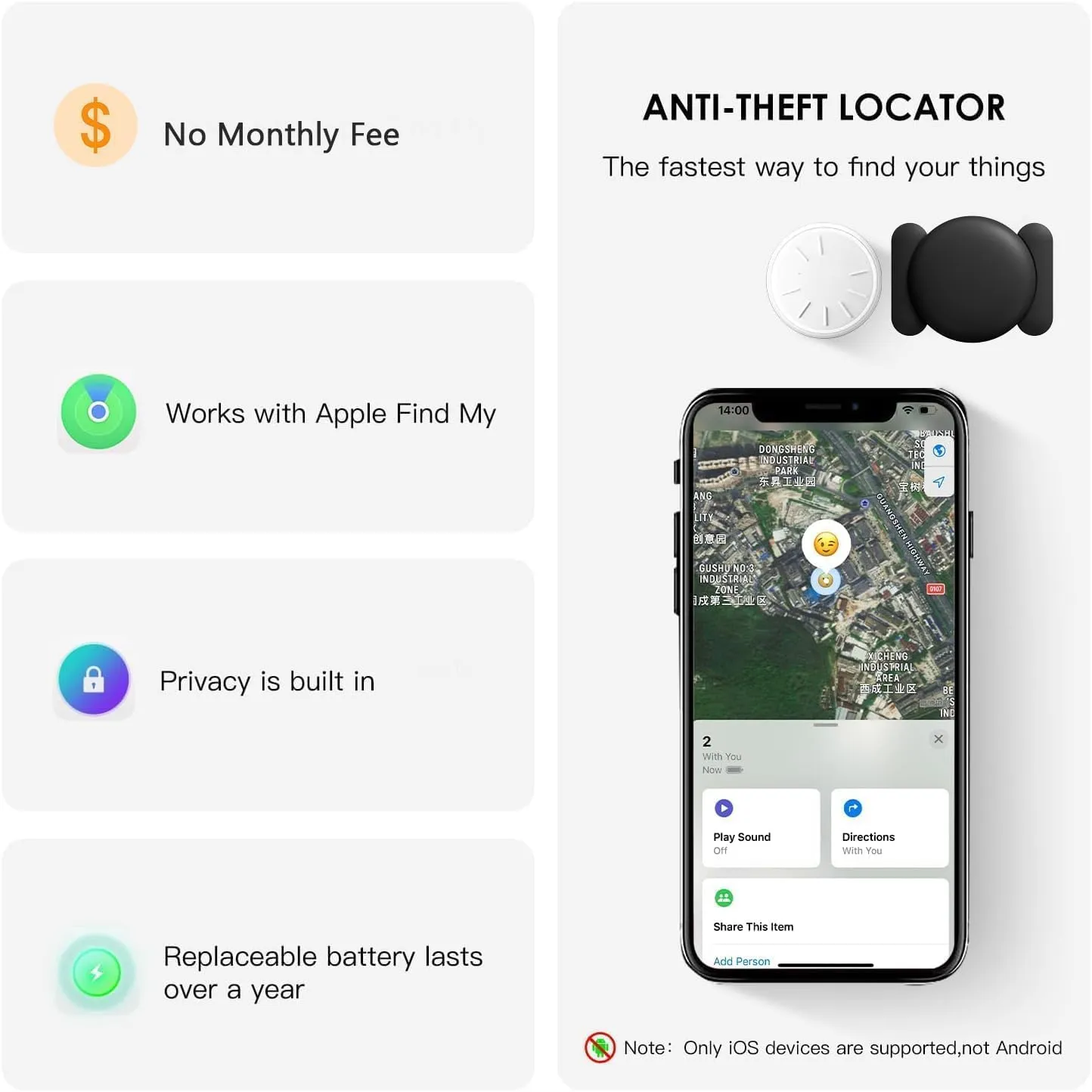 Hidden GPS Tracking Devices, 1PCS Real Time GPS Tracker for Vehicles Work with Find My (iOS Only), Car GPS Tracker with Magnetic Case, No Monthly Fee, No SIM Card Required, Black