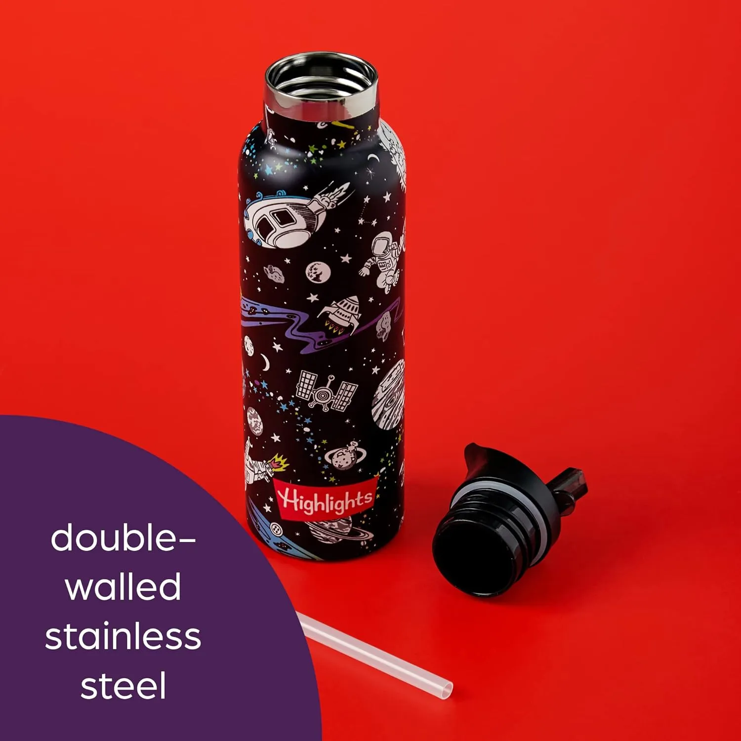 Highlights Insulated Water Bottle for Kids, 20-Ounce Stainless Steel Water Bottles for Boys and Girls, Double Wall Vacuum Insulated, Kids Water Bottle for School (Space - Black)