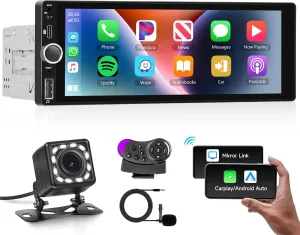 Hodozzy Single Din Car Stereo with Wireless Apple CarPlay/Android Auto, Car Radio Bluetooth Handsfree 6.86 Inch IPS Touch Screen 1 Din Mirror Link FM/EQ/AUX/USB/SWC/Type-C Fast Charging with Camera