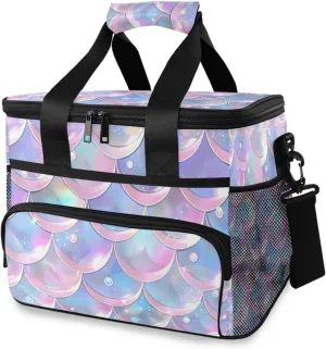 Holographic Mermaid Fish Scales Cooler Bag Insulated Cooler Soft Sided Cooler 24 Can Portable Picnic Bag Large Leakproof Lunch Bag Box for Beach Grocery Camping Travel Car Men Women
