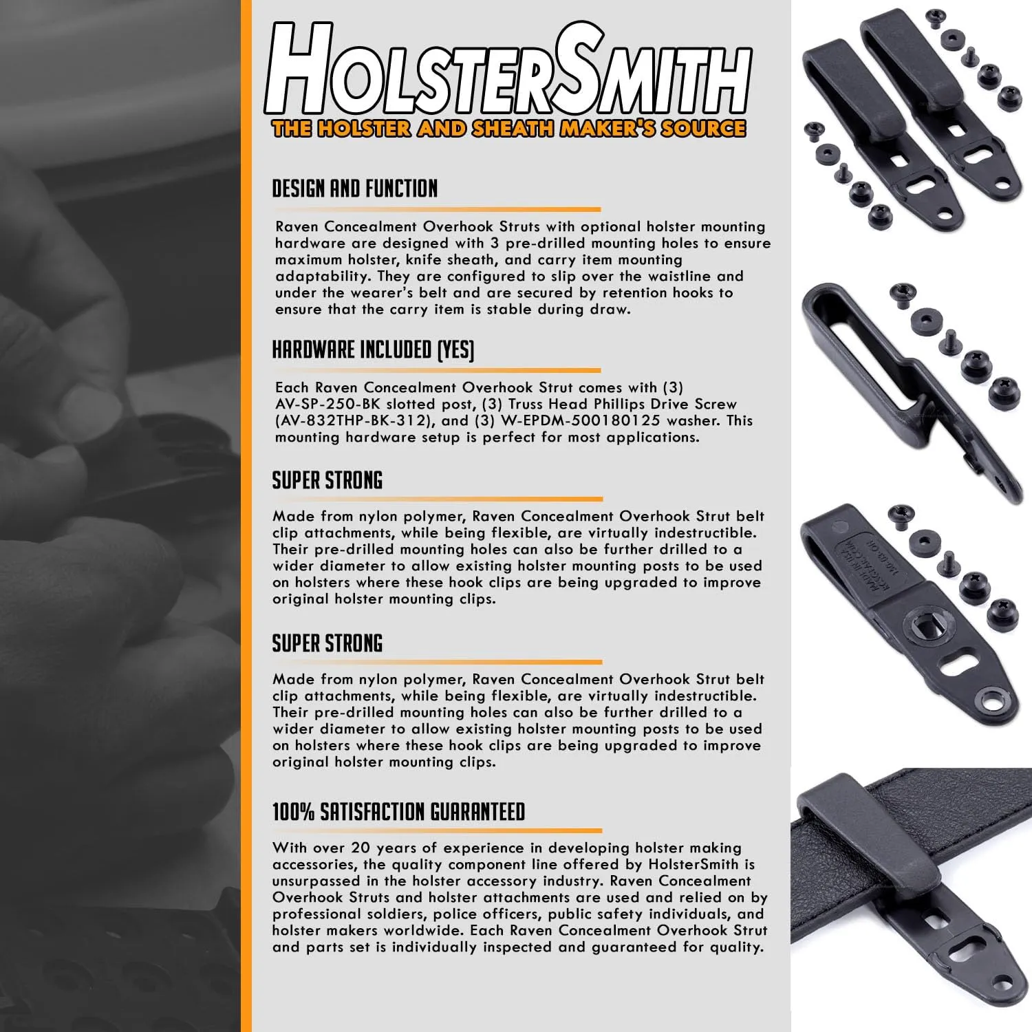 HolsterSmith - Raven Concealment - Holster Mounting Belt Clip - Overhook Strut - Tactical Black - (Select Belt Size Above)