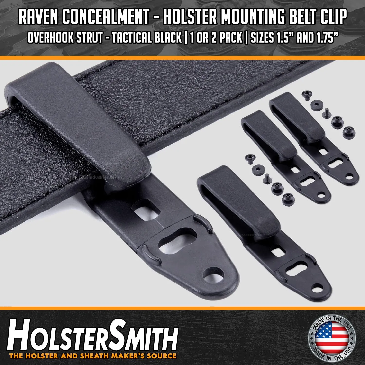 HolsterSmith - Raven Concealment - Holster Mounting Belt Clip - Overhook Strut - Tactical Black - (Select Belt Size Above)