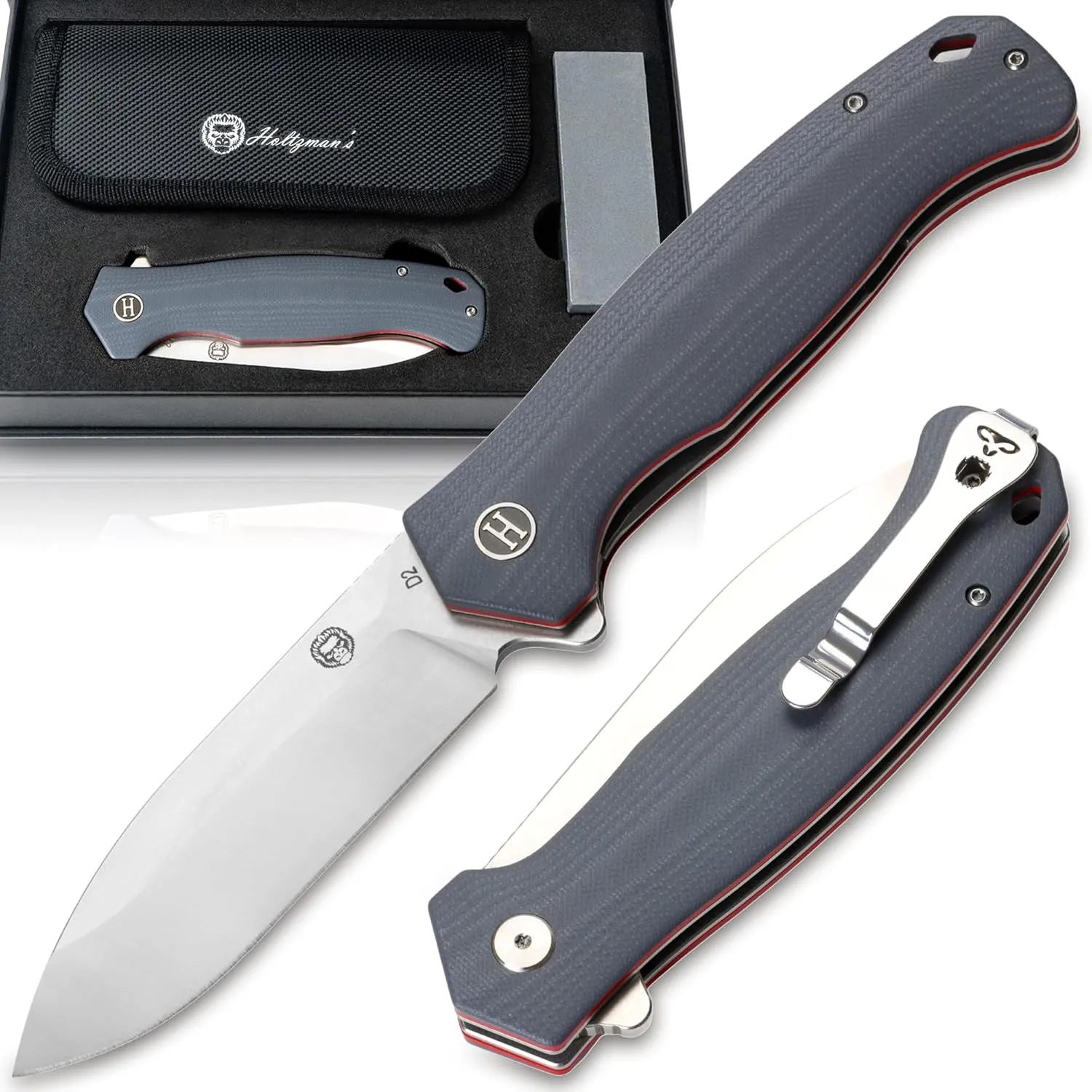 Holtzman's Gorilla Survival Wild Trail Folding Knife with G10 Tactical Handle and D2 Steel Blade, Gift Box Set (Silver Red) - Ideal for Everyday Carry