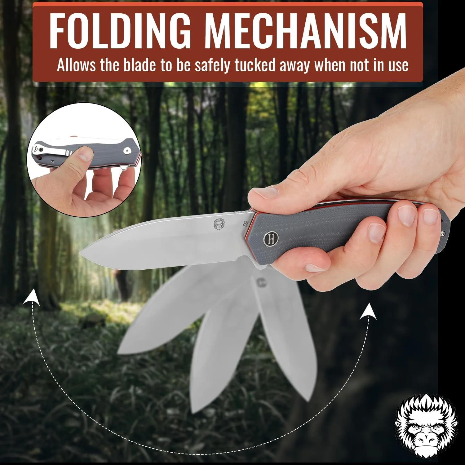 Holtzman's Gorilla Survival Wild Trail Folding Knife with G10 Tactical Handle and D2 Steel Blade, Gift Box Set (Silver Red) - Ideal for Everyday Carry
