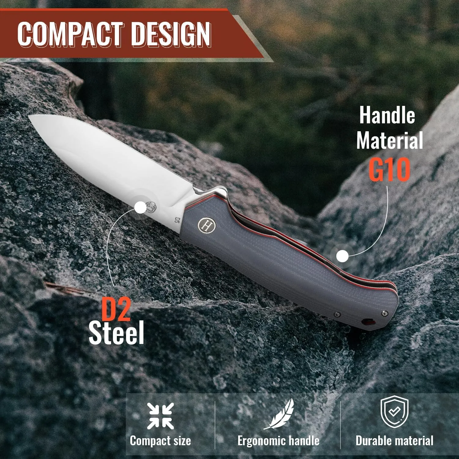 Holtzman's Gorilla Survival Wild Trail Folding Knife with G10 Tactical Handle and D2 Steel Blade, Gift Box Set (Silver Red) - Ideal for Everyday Carry