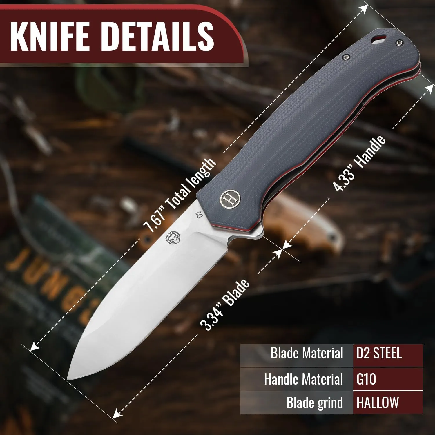 Holtzman's Gorilla Survival Wild Trail Folding Knife with G10 Tactical Handle and D2 Steel Blade, Gift Box Set (Silver Red) - Ideal for Everyday Carry