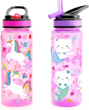 Home Tune 23oz Kids Water Drinking Bottle 2 Pack - BPA Free, Flip Straw Lid Cap, Lightweight, Carry Handle, Leak-Proof Water Bottle with Cute Design For Girls & Boys - Unicorn & Kitty Mermaid