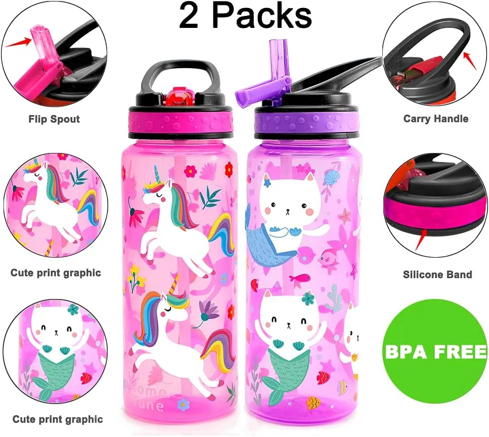 Home Tune 23oz Kids Water Drinking Bottle 2 Pack - BPA Free, Flip Straw Lid Cap, Lightweight, Carry Handle, Leak-Proof Water Bottle with Cute Design For Girls & Boys - Unicorn & Kitty Mermaid