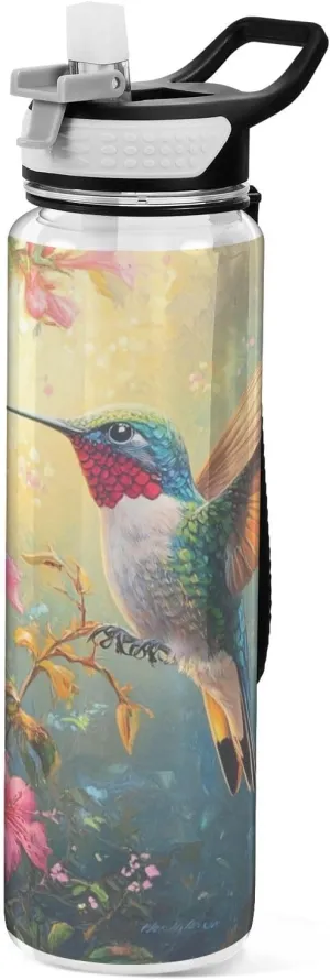 Hummingbird and Flowers Sport Water Bottle, 32oz Clear Water Bottle with Straw Lid Tritan Leak Proof BPA Free for Outdoors Cycling Travel