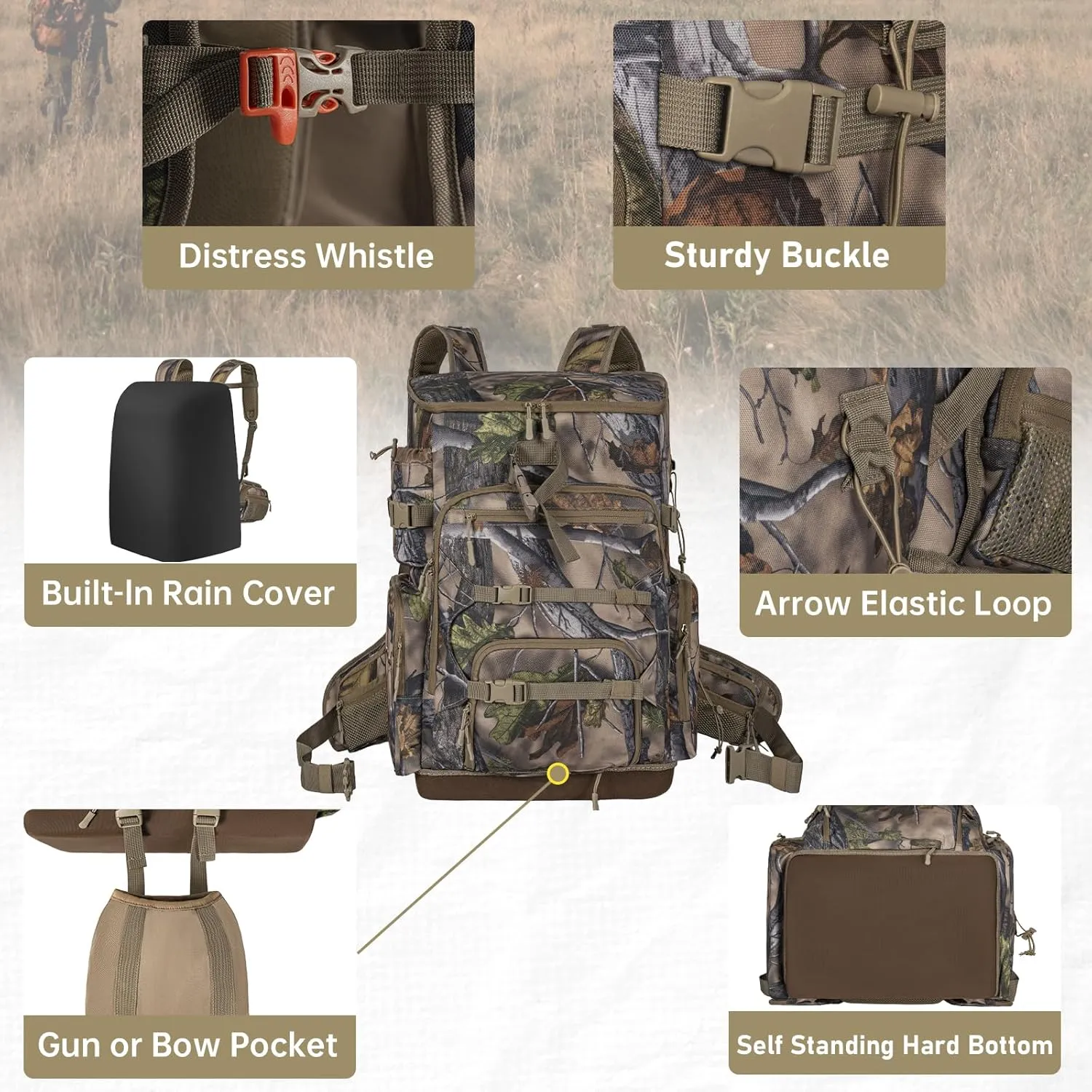 Hunting Backpack with Waterproof Rain Cover, Self Standing Hard Bottom, Camo Hunting Day Pack for Bow Rifle Gun