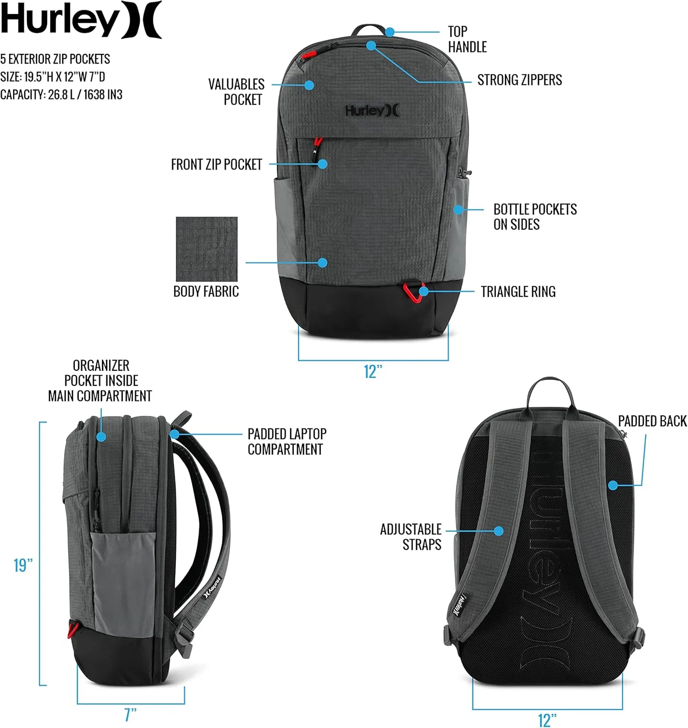 Hurley Mens Classic Backpack, Black, One Size