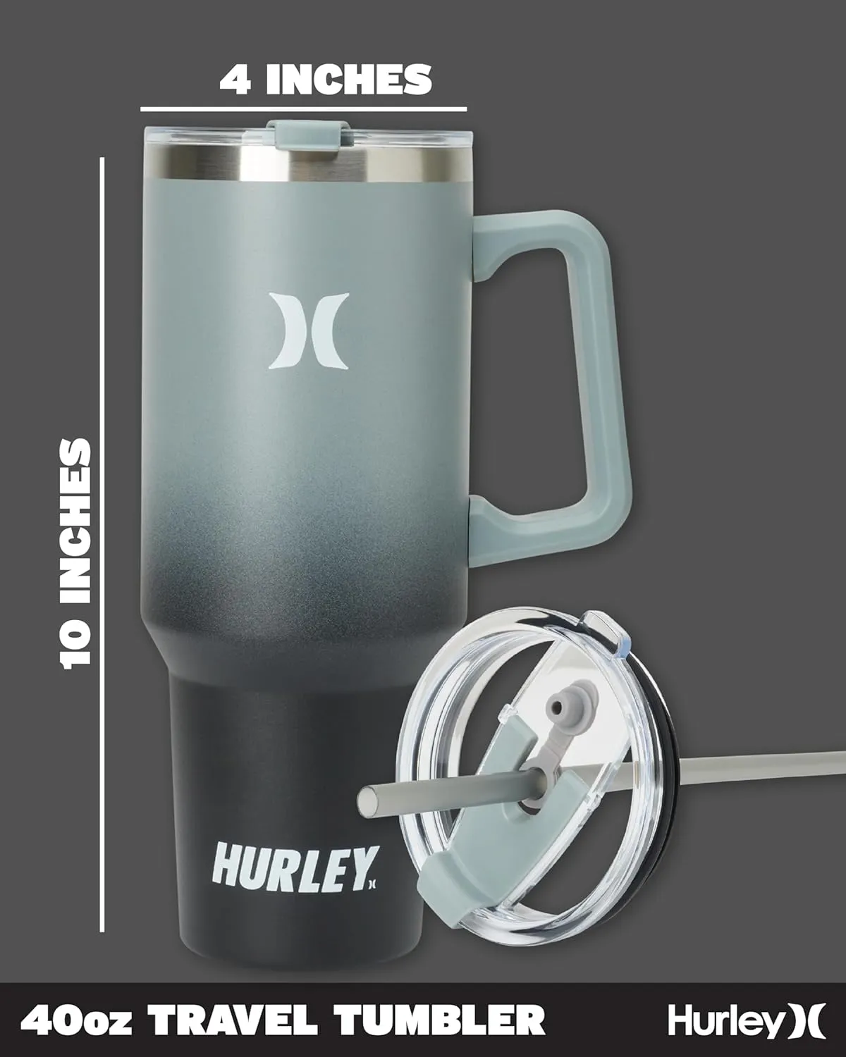 Hurley Tumbler Thermos - 40oz Double Wall Vacuum Insulated Travel Mug with Handle - BPA Free Stainless Steel Water Bottle - Leak Proof Hot and Cold Coffee Car Cup, Size 40 Ounces, Gradient Black/Grey
