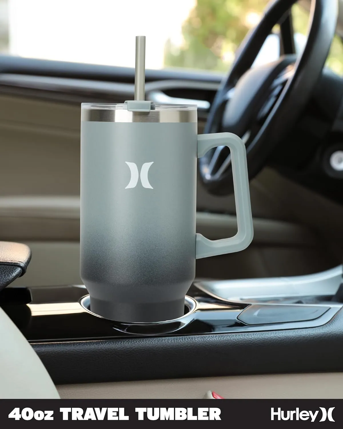 Hurley Tumbler Thermos - 40oz Double Wall Vacuum Insulated Travel Mug with Handle - BPA Free Stainless Steel Water Bottle - Leak Proof Hot and Cold Coffee Car Cup, Size 40 Ounces, Gradient Black/Grey