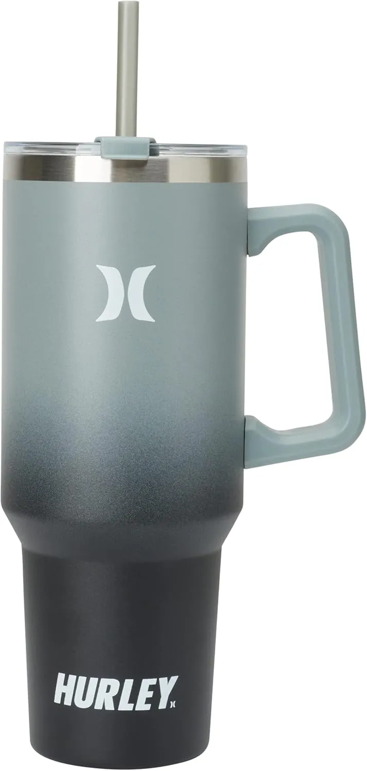 Hurley Tumbler Thermos - 40oz Double Wall Vacuum Insulated Travel Mug with Handle - BPA Free Stainless Steel Water Bottle - Leak Proof Hot and Cold Coffee Car Cup, Size 40 Ounces, Gradient Black/Grey