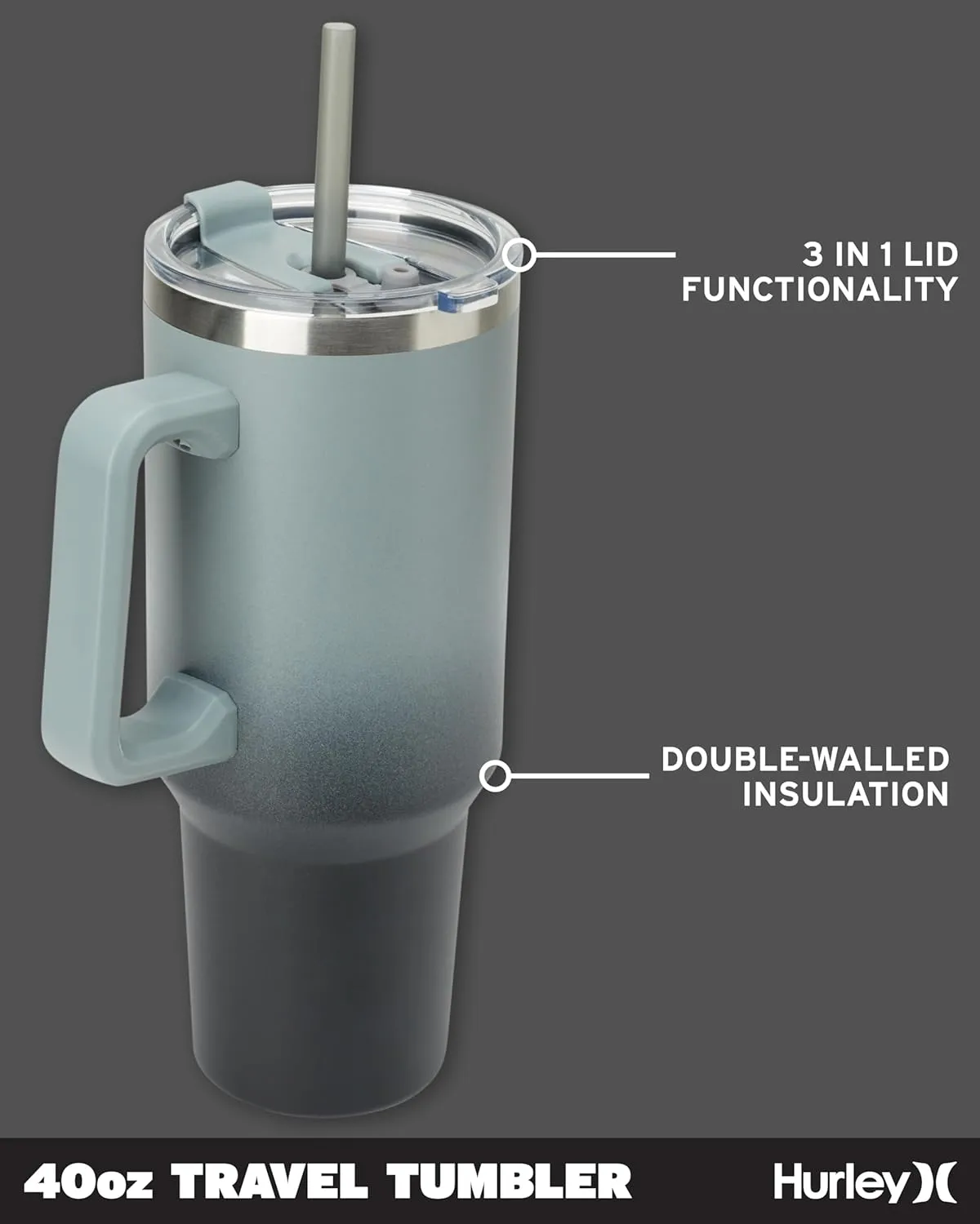 Hurley Tumbler Thermos - 40oz Double Wall Vacuum Insulated Travel Mug with Handle - BPA Free Stainless Steel Water Bottle - Leak Proof Hot and Cold Coffee Car Cup, Size 40 Ounces, Gradient Black/Grey