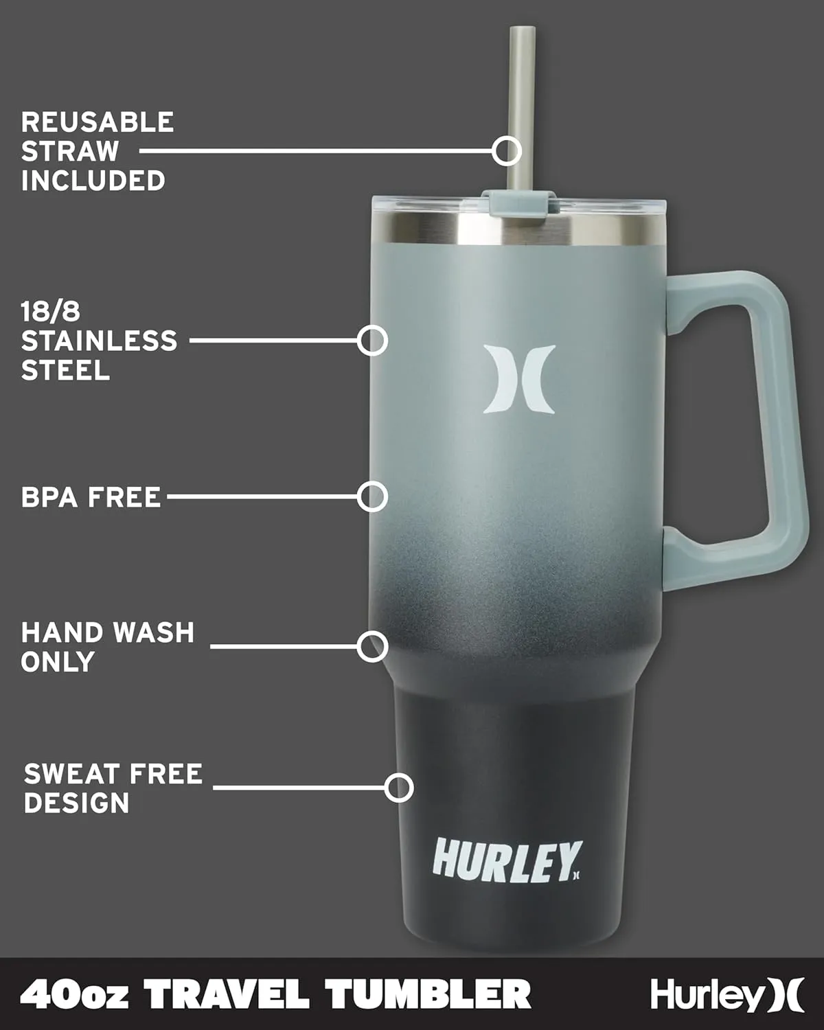 Hurley Tumbler Thermos - 40oz Double Wall Vacuum Insulated Travel Mug with Handle - BPA Free Stainless Steel Water Bottle - Leak Proof Hot and Cold Coffee Car Cup, Size 40 Ounces, Gradient Black/Grey