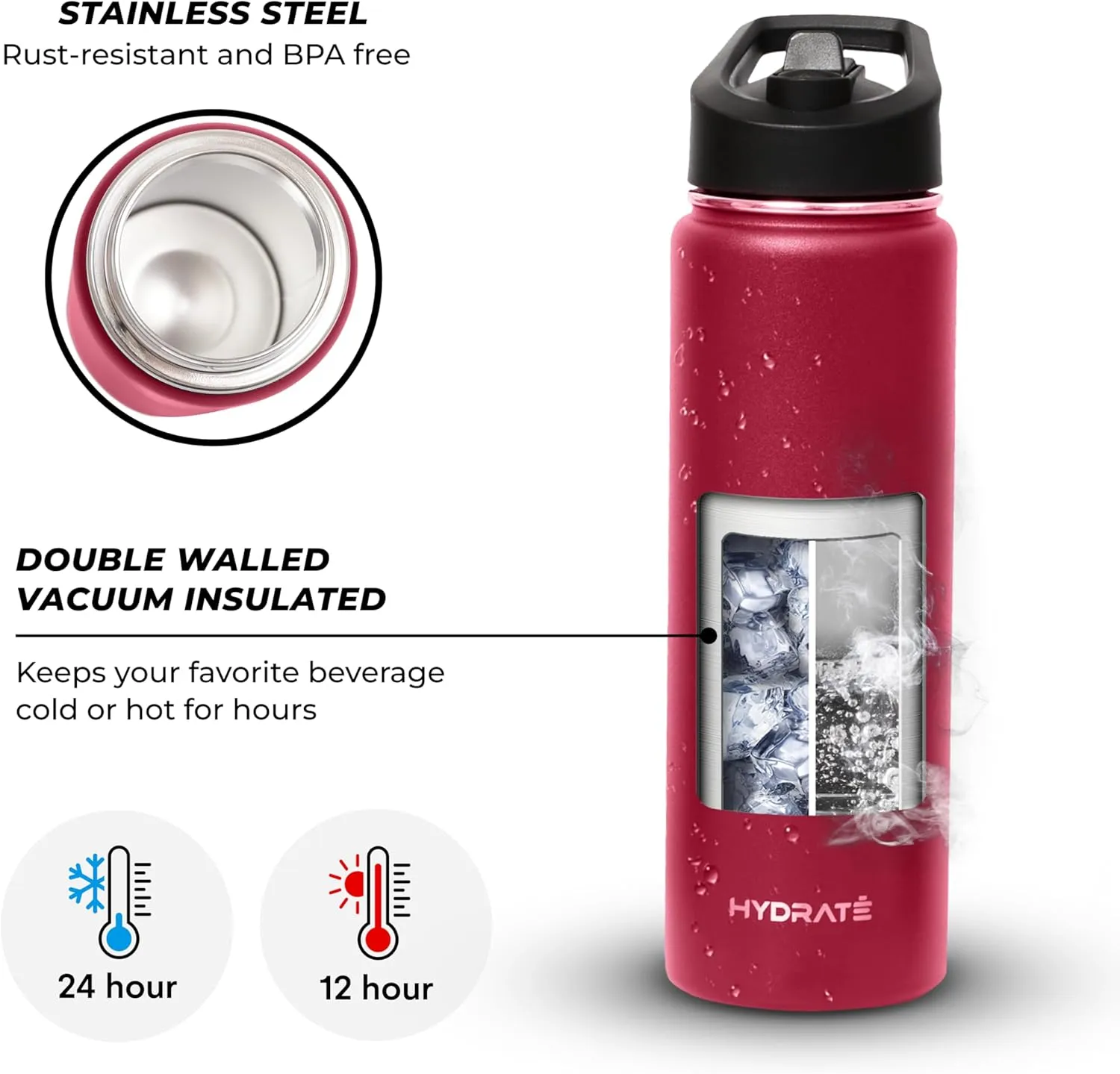 HYDRATE Water Bottle Insulated - Stainless Steel Water Bottles - Reusable Flask with Leak-Proof Design and Convenient Handle - Double Vacuum Insulated Water Bottle
