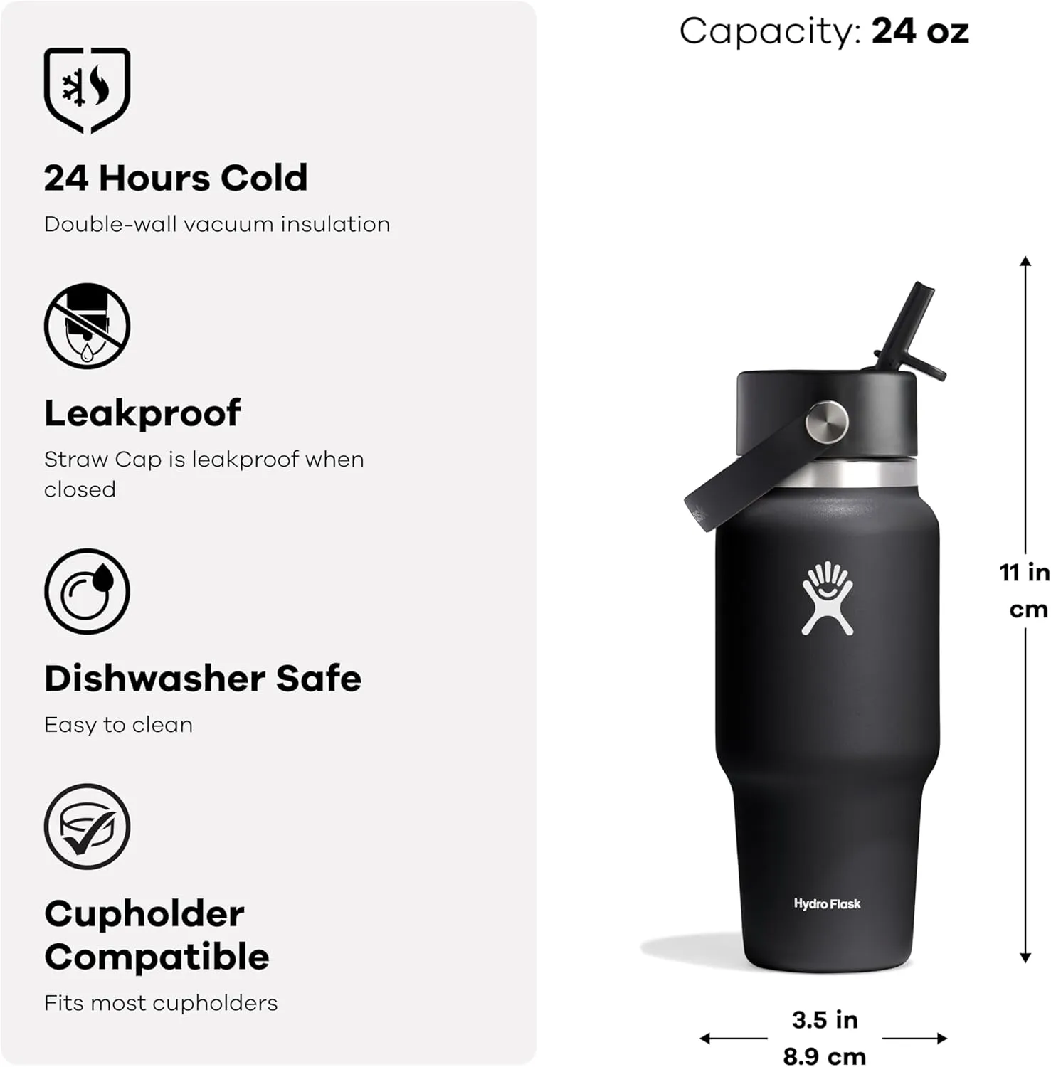 Hydro Flask 24 OZ Wide Flex Straw Travel Bottle Black