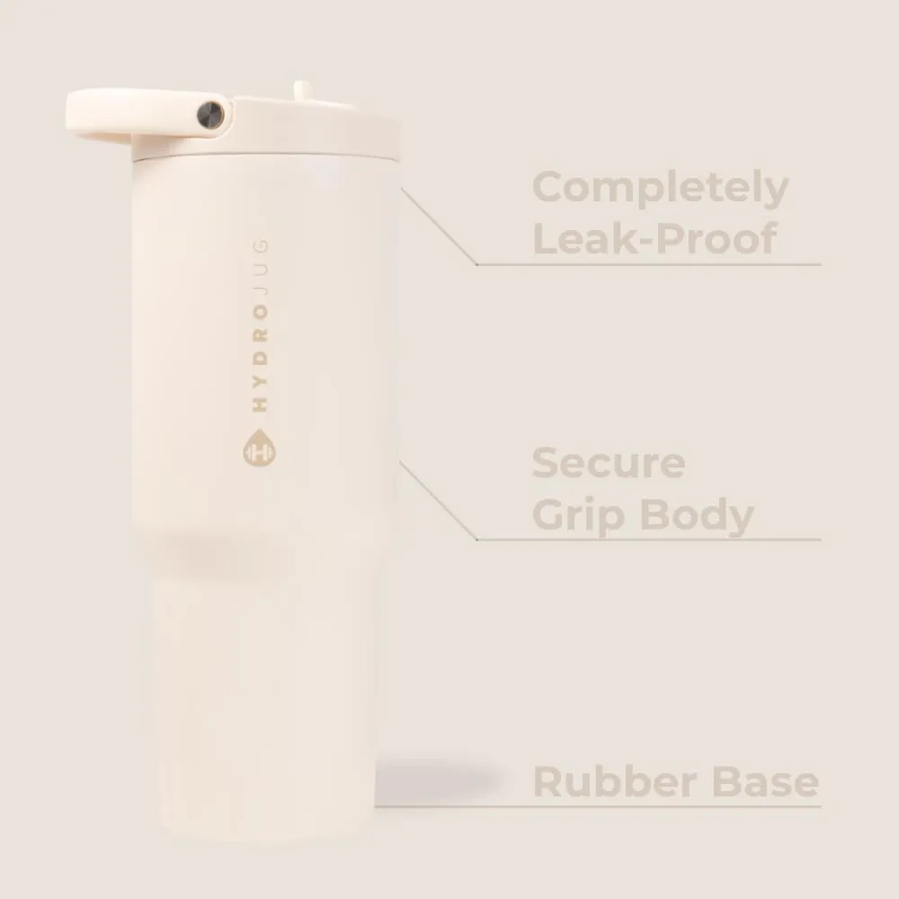 HydroJug Sport - Stainless Steel Tumbler with Straw, Vacuum Insulated, 32oz Leakproof Water Bottle, Ergonomic Design, Reusable, Dishwasher Safe, Rubber Base, Durable for Gym or Outdoors, Cream
