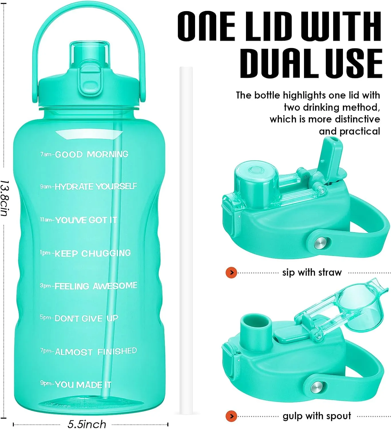 HydroPal 1 Gallon Water Bottles with Straw, 128 oz / 3.8L Water Bottle BPA Free Innovative 2-IN-1 Lid Gym Bottle with Times to Drink Motivational, Large for Sports Fitness Camping Water Jug One Gallon