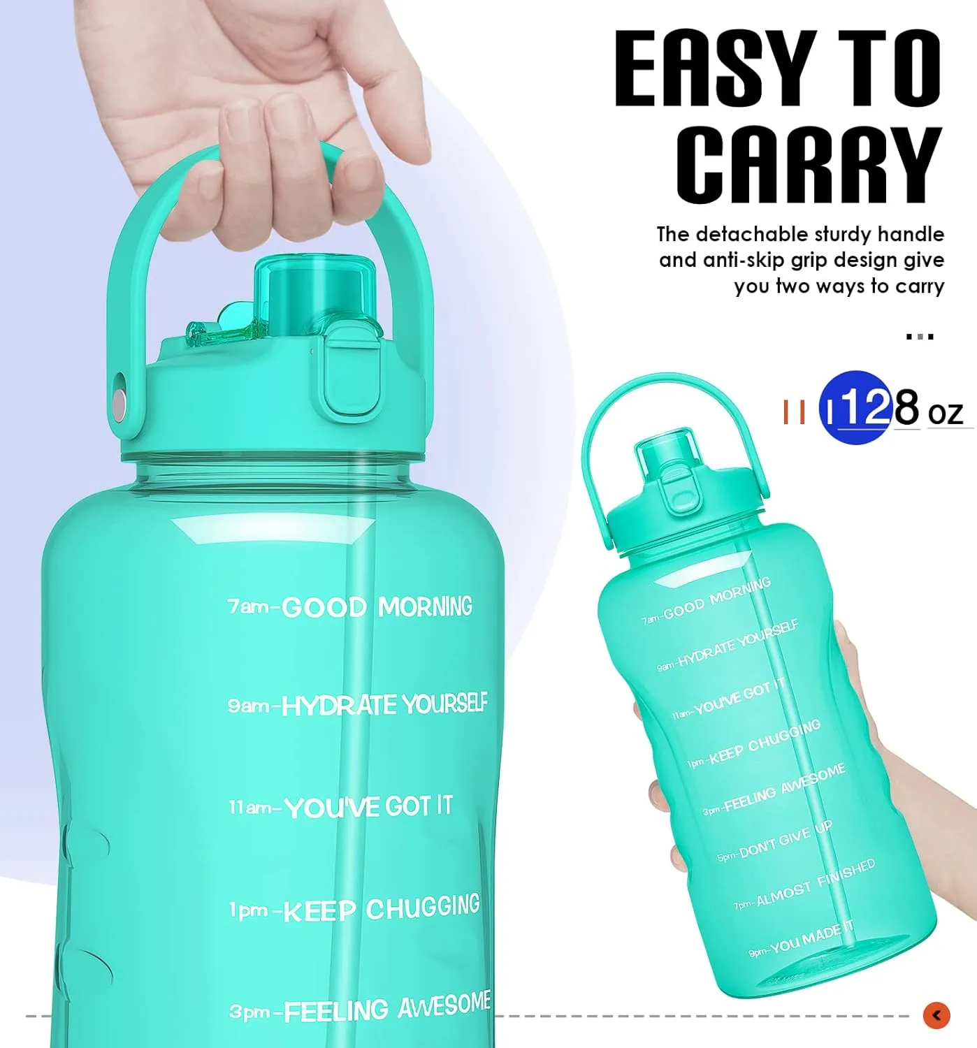 HydroPal 1 Gallon Water Bottles with Straw, 128 oz / 3.8L Water Bottle BPA Free Innovative 2-IN-1 Lid Gym Bottle with Times to Drink Motivational, Large for Sports Fitness Camping Water Jug One Gallon