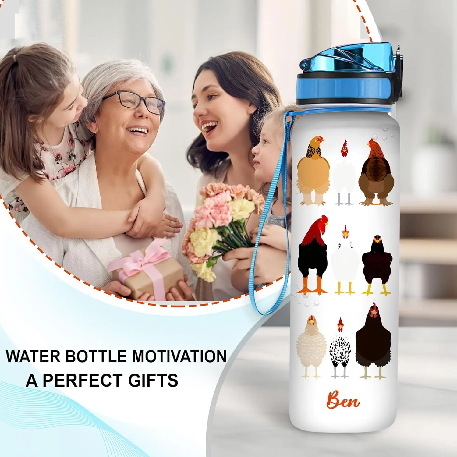 Hyturtle Personalized Chicken Gift For Women - Chickens Prints Customized Name 32oz 1Liter Motivational Water Bottle, Animal Farm lovers Gift For Mom Girl Women On Christmas, Birthday