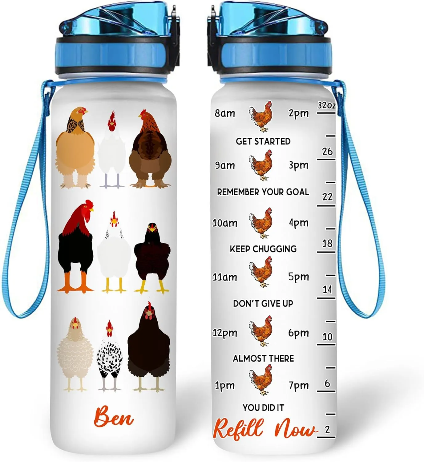 Hyturtle Personalized Chicken Gift For Women - Chickens Prints Customized Name 32oz 1Liter Motivational Water Bottle, Animal Farm lovers Gift For Mom Girl Women On Christmas, Birthday