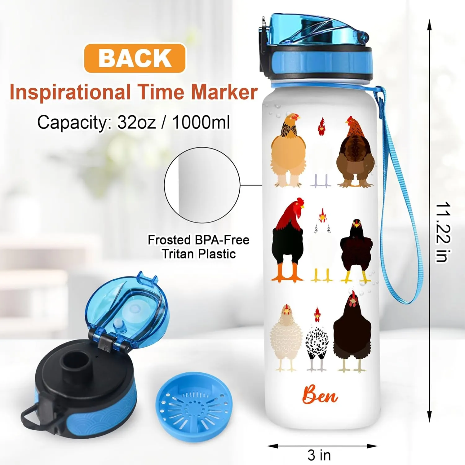 Hyturtle Personalized Chicken Gift For Women - Chickens Prints Customized Name 32oz 1Liter Motivational Water Bottle, Animal Farm lovers Gift For Mom Girl Women On Christmas, Birthday