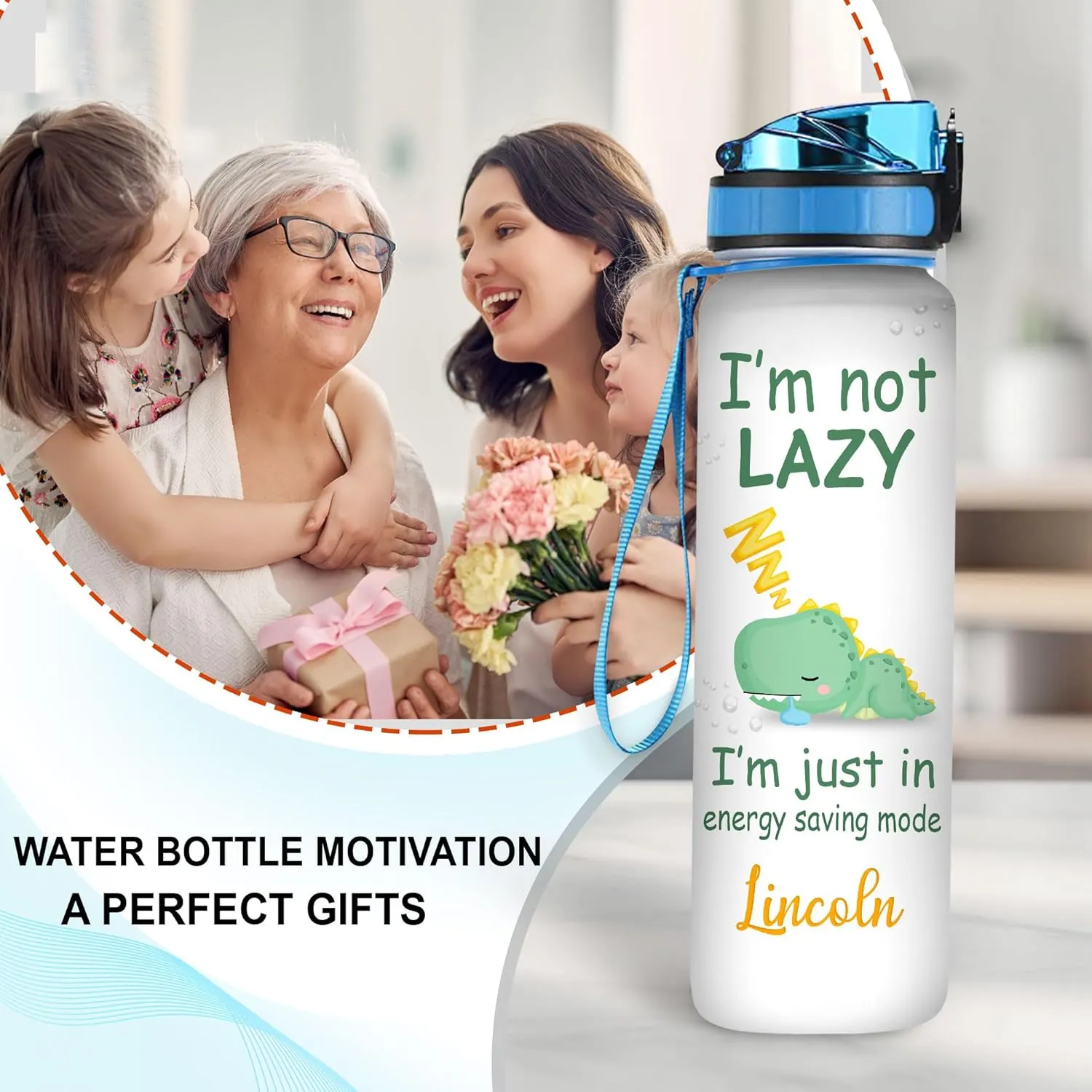 Hyturtle Personalized Dinosaur Lovers 32 Oz 1Liter Motivational Water Bottle, I'm Not Lazy Customized Name Water Bottle With Time Marker, Dino Bottle Gifts For Women Girl Kid On Birthday, Christmas