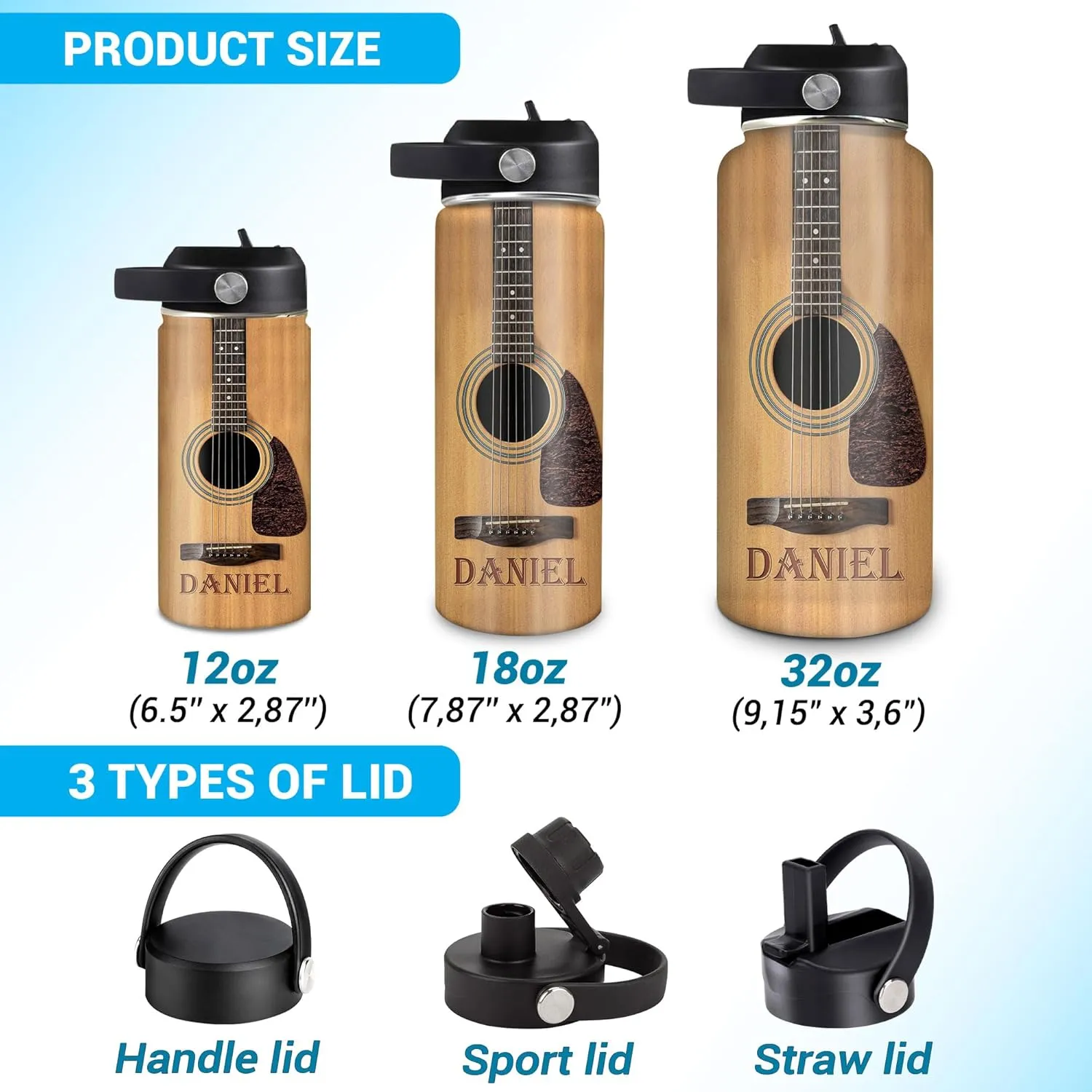 Hyturtle Personalized Guitar Water Bottle - Insulated Stainless Steel Bottle with Leak-Proof Lid 18oz 32oz - Music Lover Gift for Women Men Guitar Lovers - Acoustic & Electric Guitar Gift for Birthday