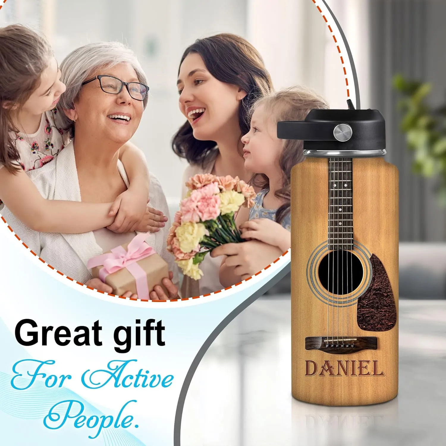 Hyturtle Personalized Guitar Water Bottle - Insulated Stainless Steel Bottle with Leak-Proof Lid 18oz 32oz - Music Lover Gift for Women Men Guitar Lovers - Acoustic & Electric Guitar Gift for Birthday