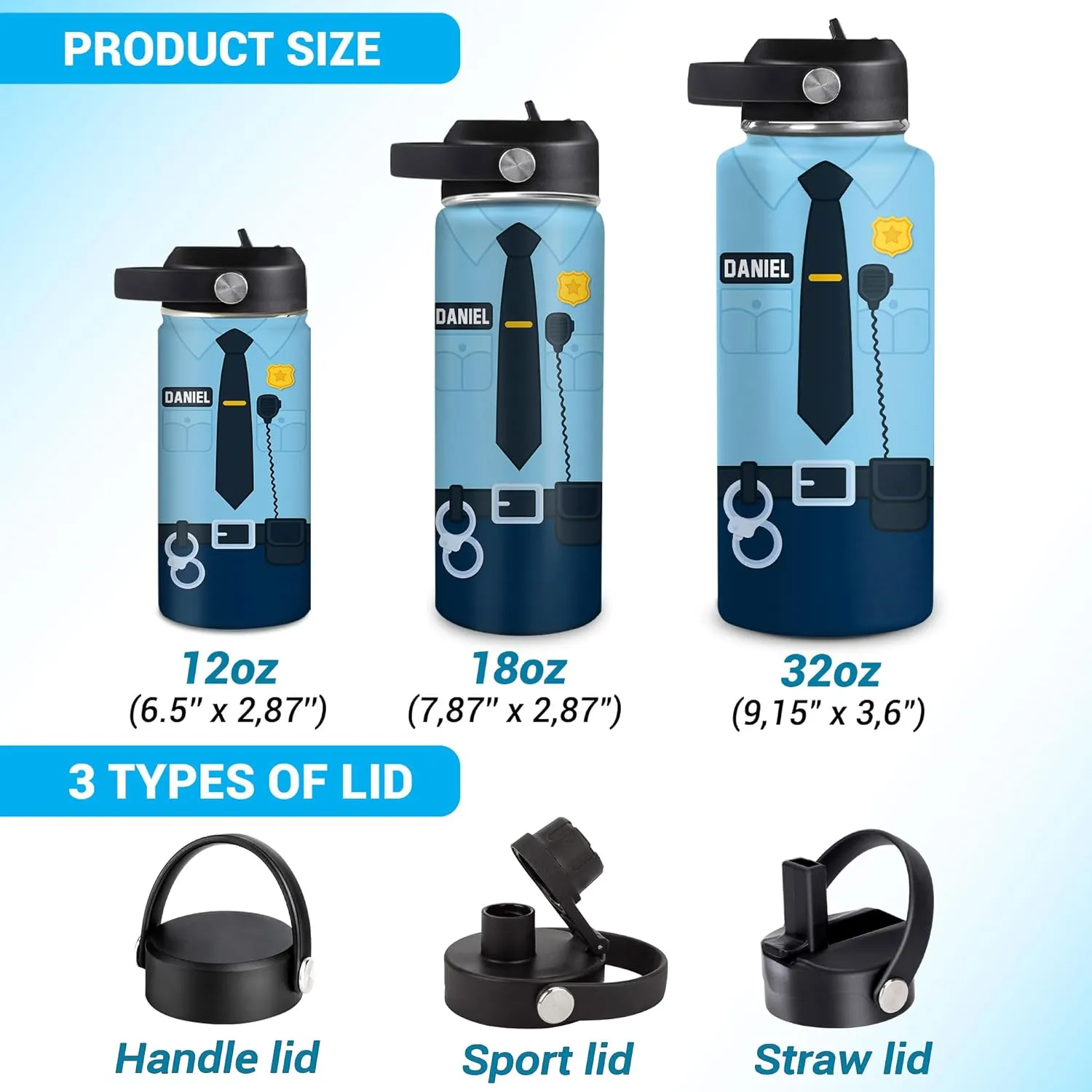 Hyturtle Personalized Police Stainless Steel Water Bottle (Police 14)