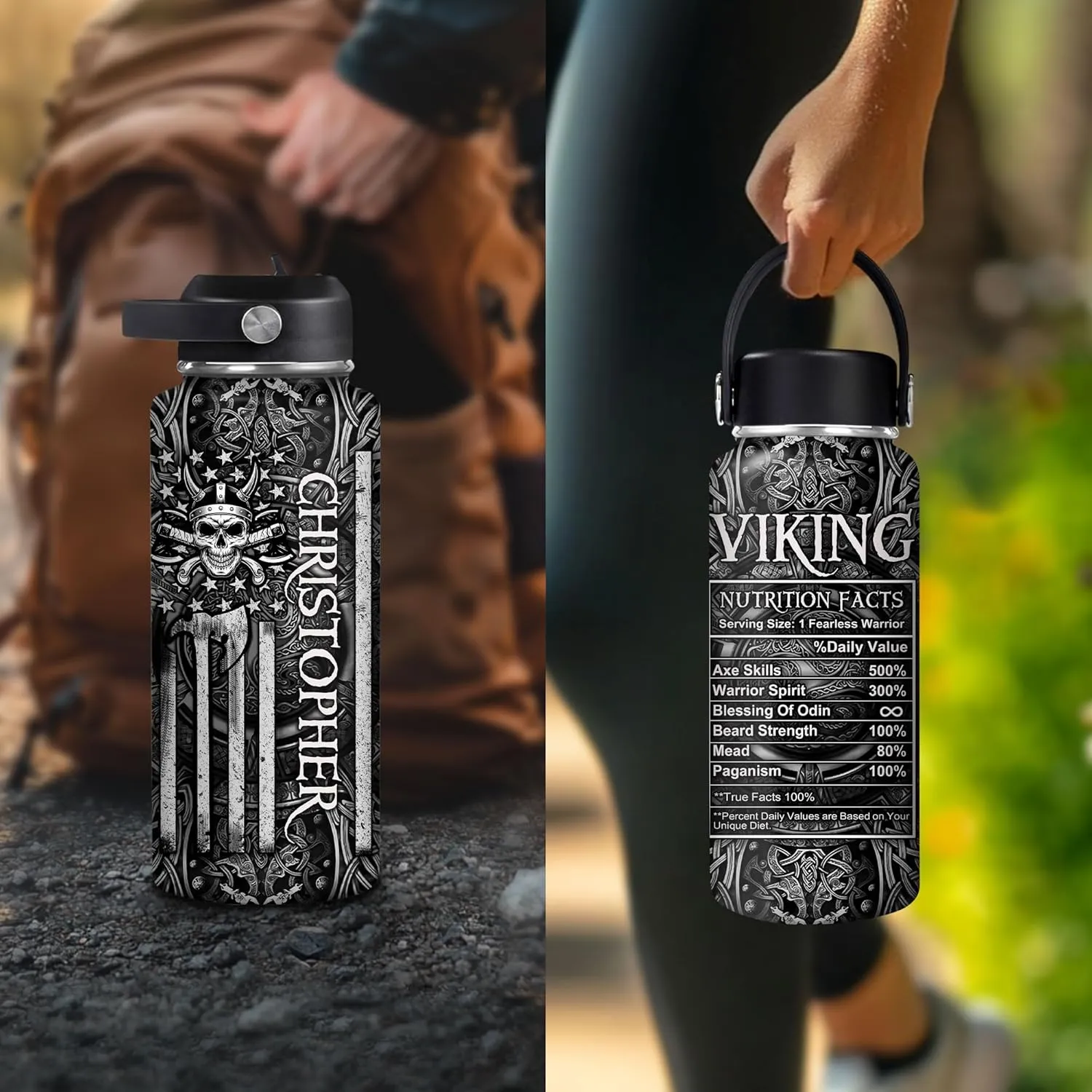 Hyturtle Personalized Viking Water Bottle - Travel Insulated Stainless Steel Bottle with Leak-Proof Lid 18oz 32oz - Viking Celtic Gifts for Men Dad Viking Lovers - Birthday & Christmas Gift