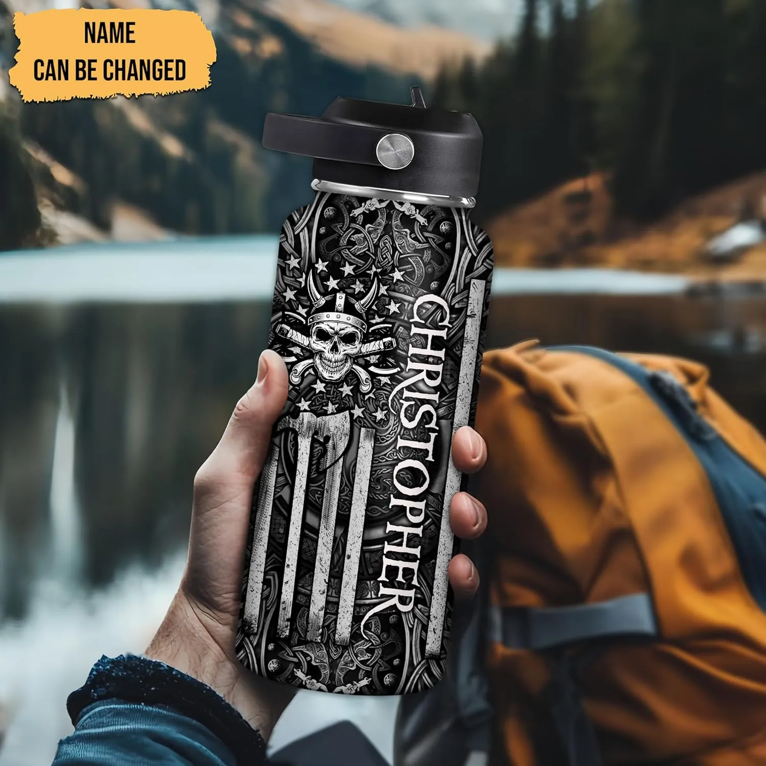 Hyturtle Personalized Viking Water Bottle - Travel Insulated Stainless Steel Bottle with Leak-Proof Lid 18oz 32oz - Viking Celtic Gifts for Men Dad Viking Lovers - Birthday & Christmas Gift
